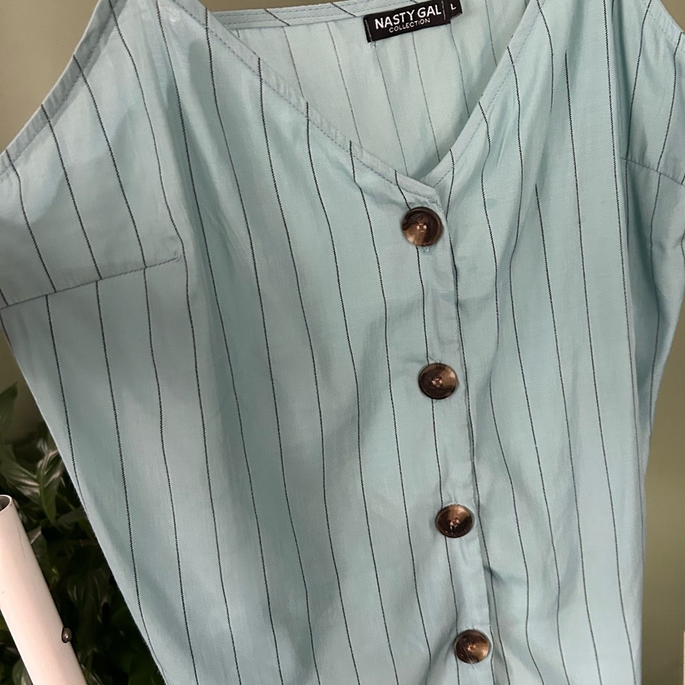 Nasty Gal Blue Pinstripe Button-Up Blouse